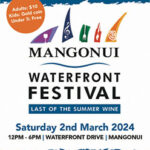 Poster for Mangonui Waterfront Festival 2024 advertising the 'Last of the Summer Wine' event on Saturday 2nd March with details of locally produced food, beverages, art, and music, ticket pricing, and a QR code for the website waterfrontfestival.co.nz.